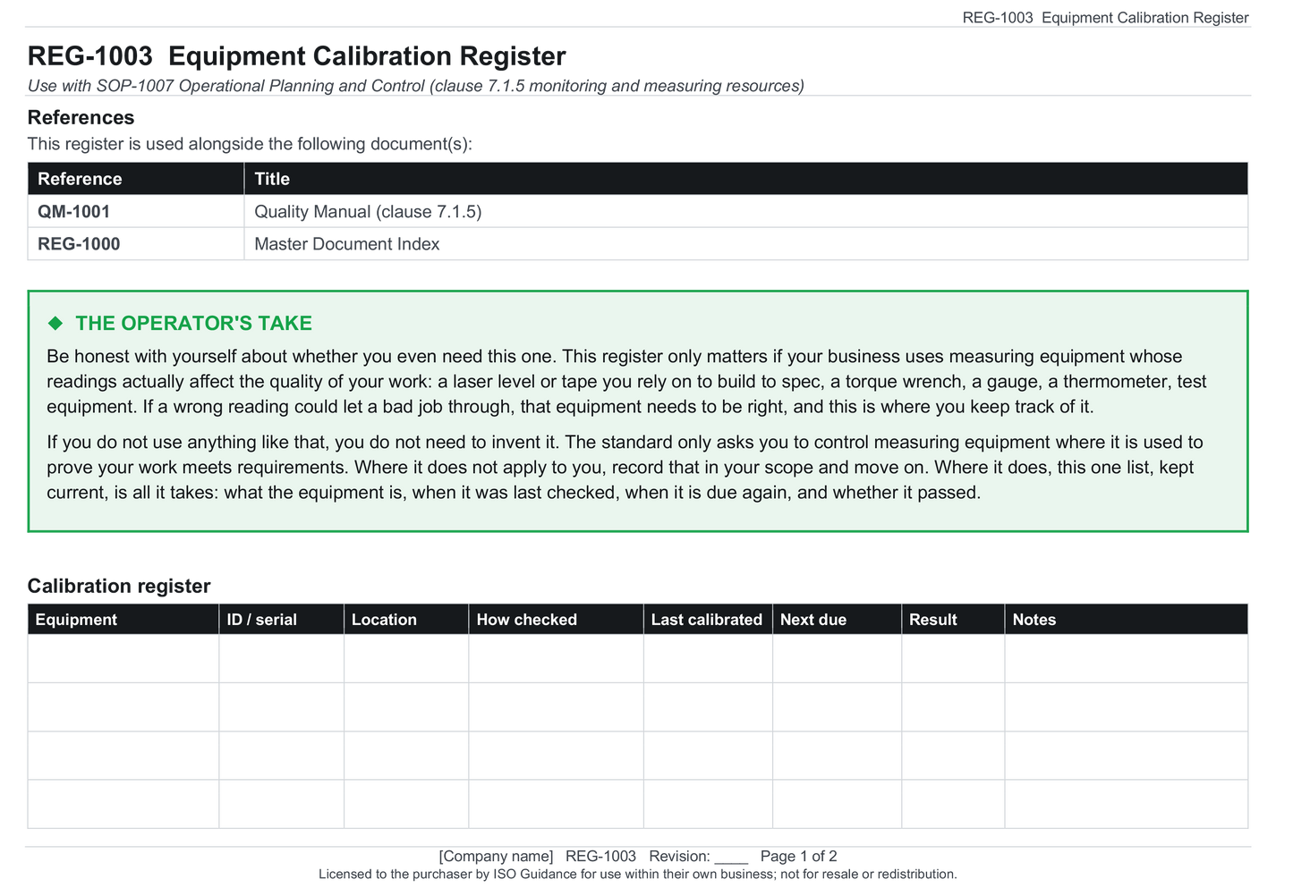 Equipment calibration register