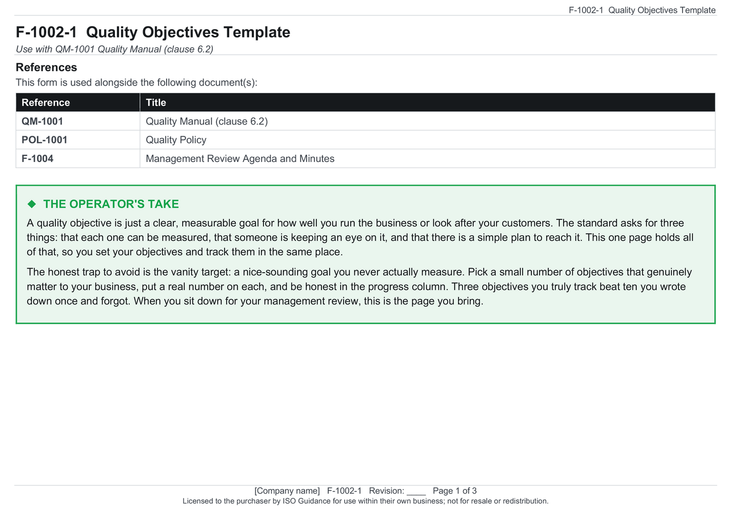 Quality objectives template