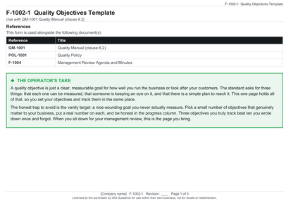 Quality objectives template