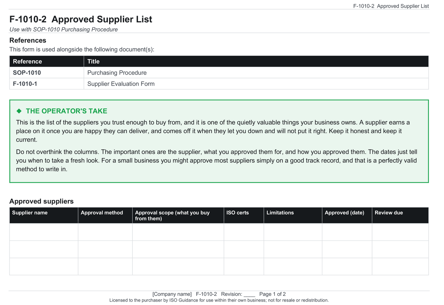 Approved supplier list template